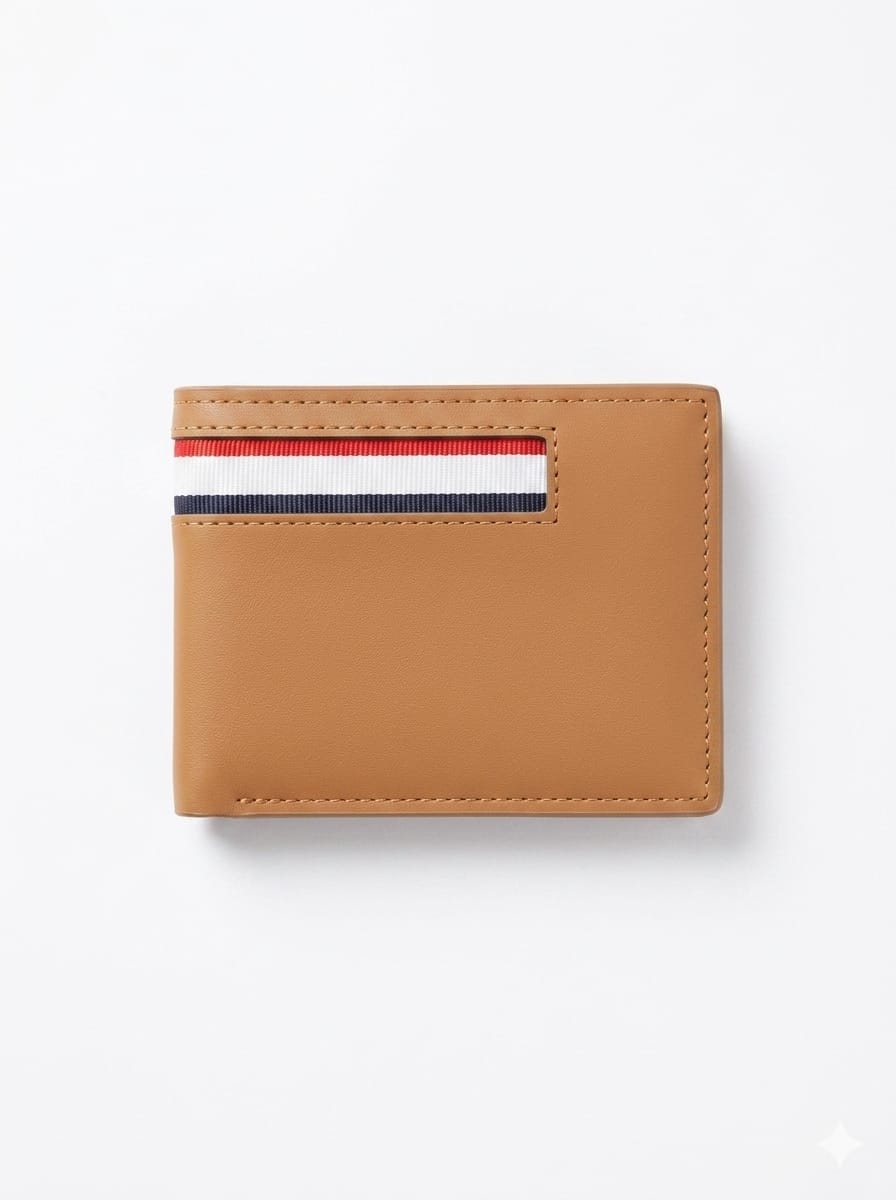 A tan leather bifold wallet with a signature striped card slot featuring red, white, and navy blue stripes, shown on a clean white background.